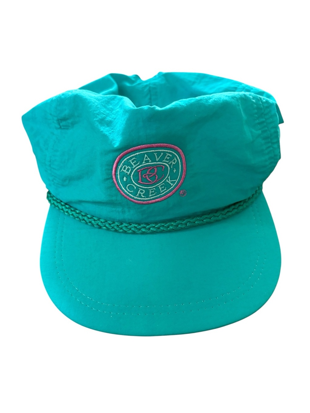 Vintage 80s Beaver Creek Ski Resort Nylon Rope Hat Teal Pink Neon Retro